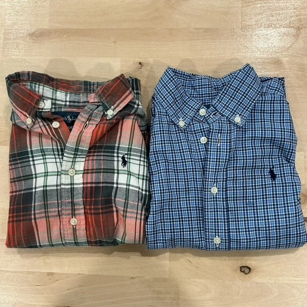 Ralph Lauren Boys Button Down Shirt Lot Of 2 L / S Sz 4 4T Red Blue Plaid Preppy